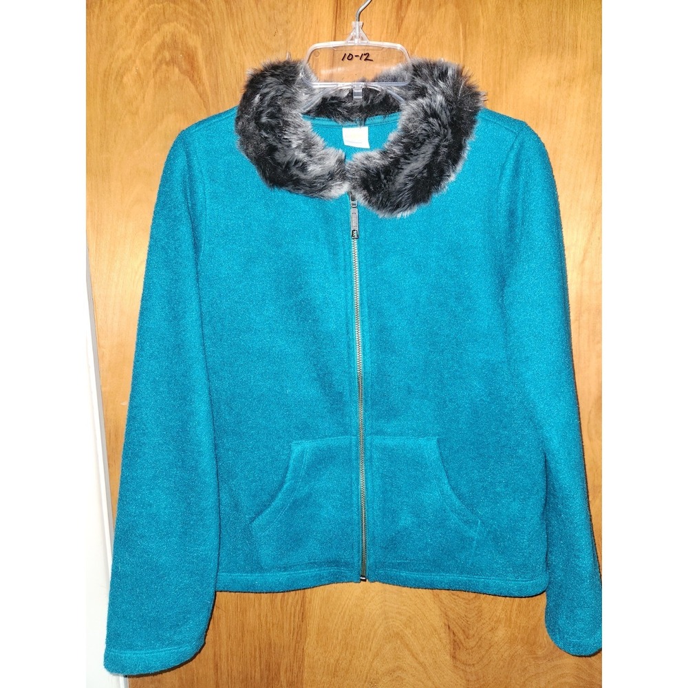 Gymboree Girls Blue Green Zip Faux Fur Collar Fleece Jacket Coat Large 10-12